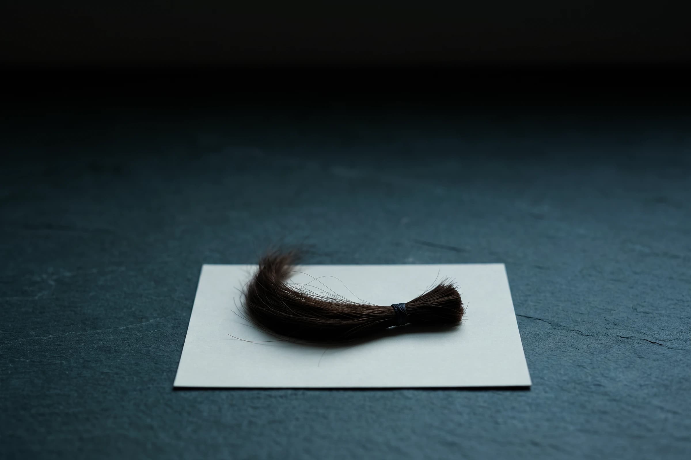 Eine mit einem Faden gebundene Haarsträhne auf einer weißen Karte