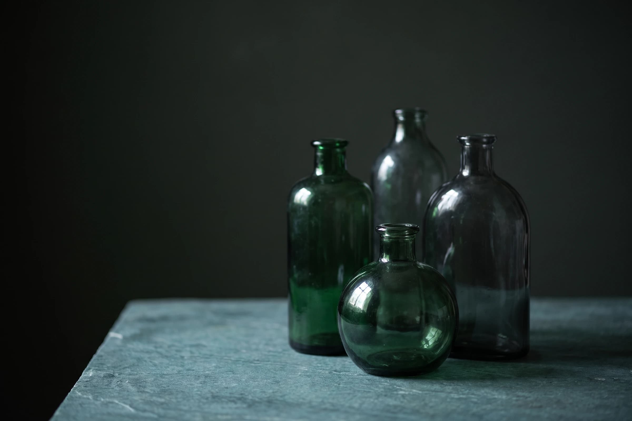 Drei verschieden hohe Glasflaschen ohne Etikett dicht nebeneinander im Halbdunkel