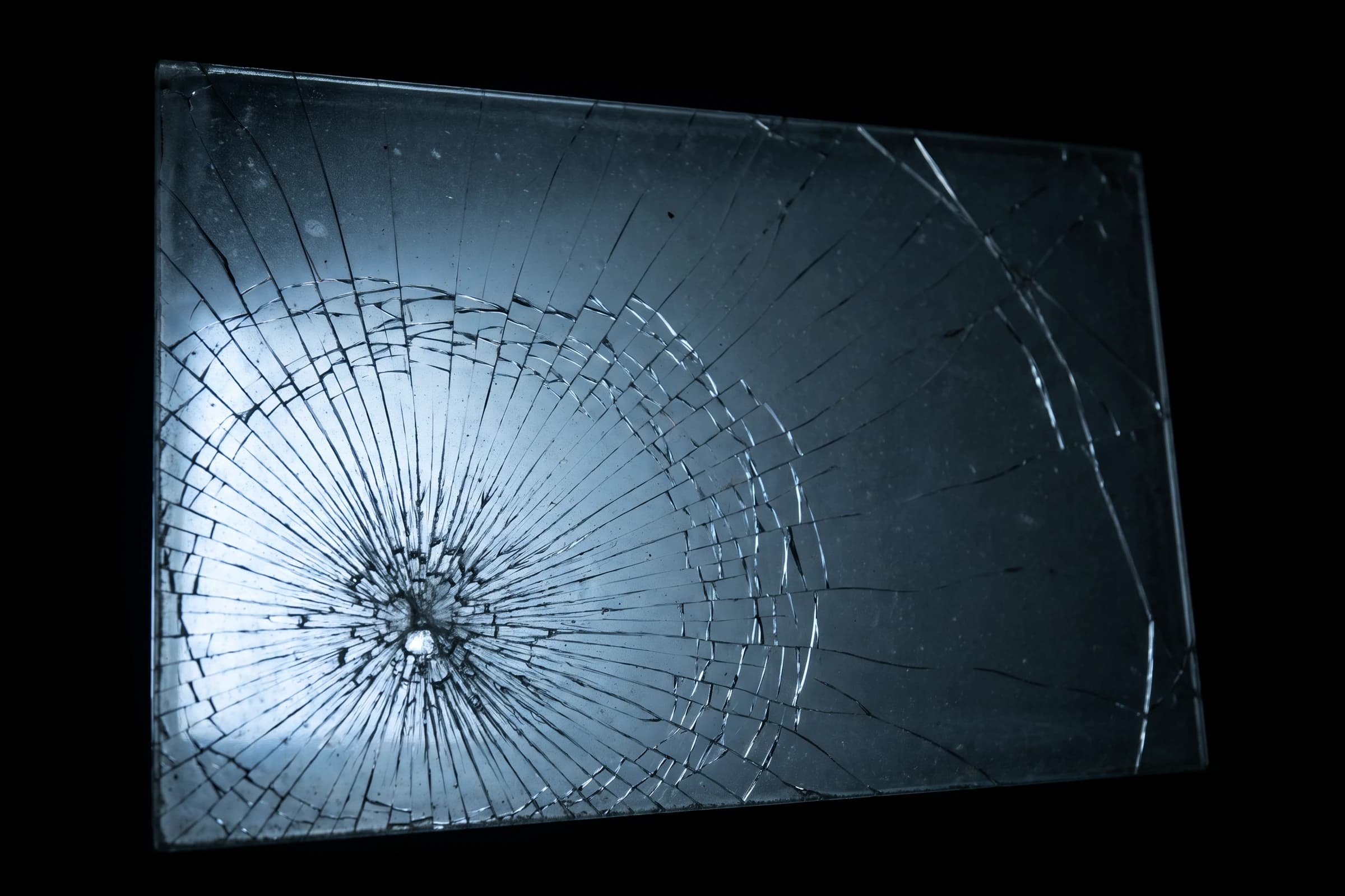 Ein gesprungenes Sicherheitsglas im Gegenlicht vor dunklem Grund